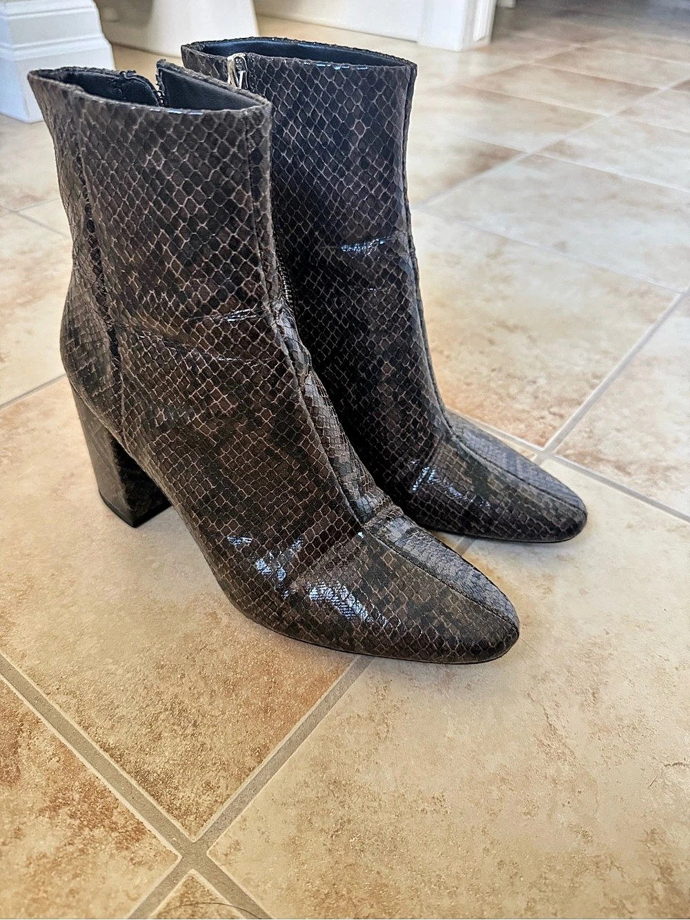 Zara Brown Snakeskin Embossed Patent Ankle Boots Size 39